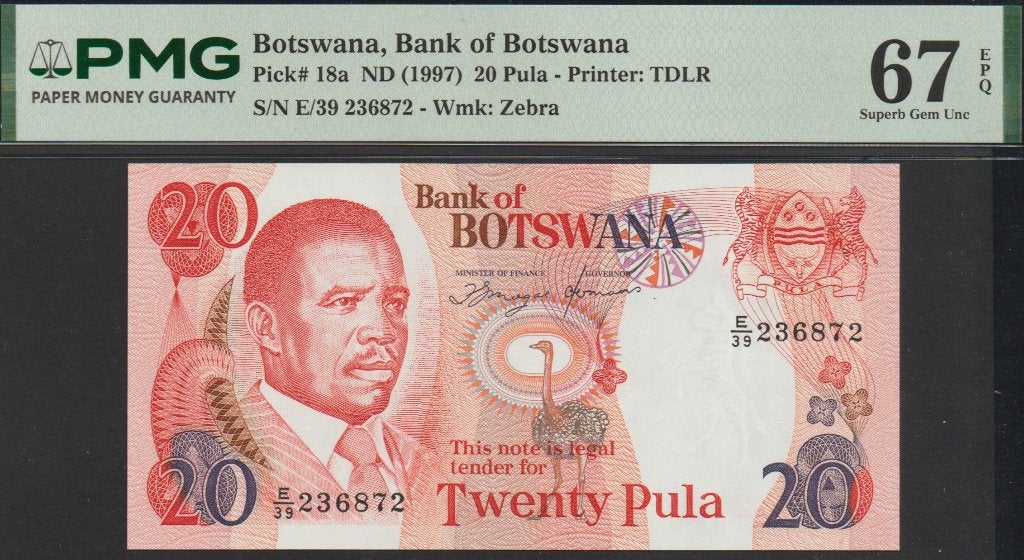 Botswana 20 pula ND(1997) UNC p.18a PMG 67 EPQ (# 72), Postzegels en Munten, Verzenden, Overige landen, Los biljet