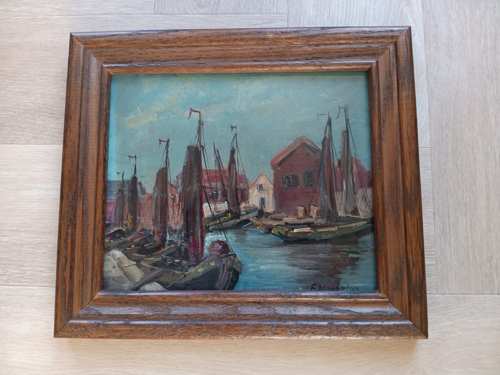 Havengezicht gesigneerd E.J. Ligtelijn, schilder te Laren, Ophalen of Verzenden
