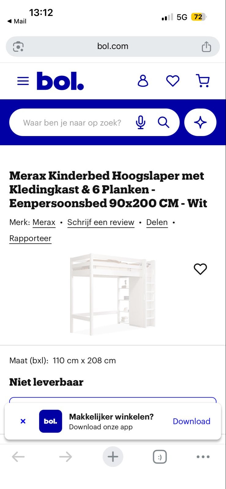 Merax Kinderbed Hoogslaper met Kledingkast & Planken - Wit, Ophalen, Zo goed als nieuw, Hoogslaper