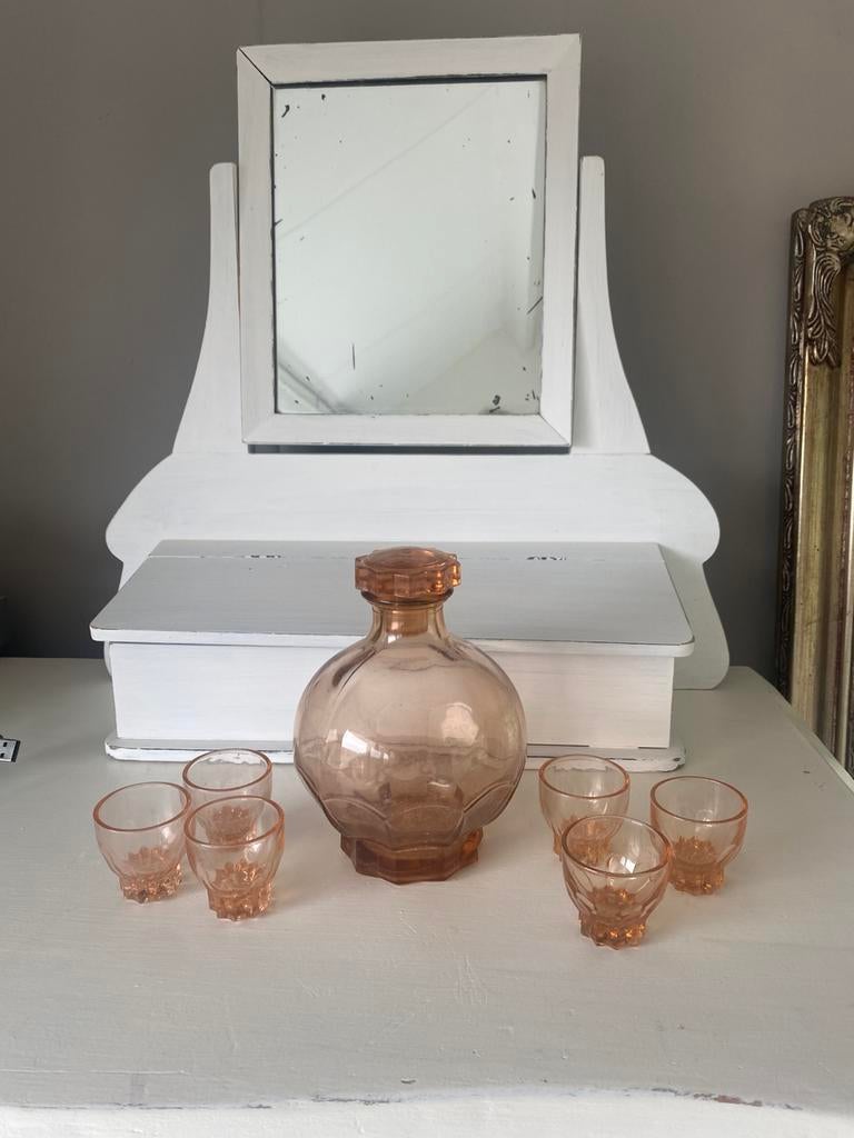 Oud karafje met 6 borrelglaasjes, Antiek en Kunst, Antiek | Glas en Kristal, Ophalen