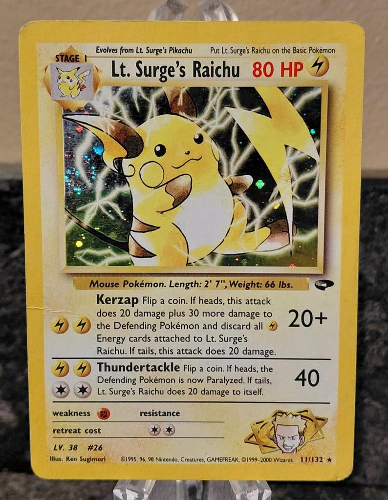 Lt. Surge's Raichu Holo 11/132 Gym Heroes Pokémon Kaart, Ophalen of Verzenden, Gebruikt, Losse kaart, Foil