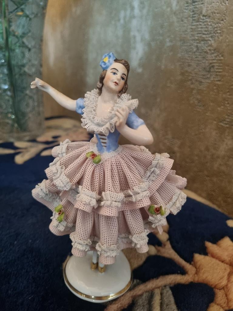 Antiek Saksisch Dresden Porseleinen Ballerina Beeldje, Ophalen of Verzenden