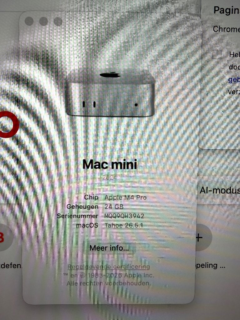 Apple Mac Mini met M4 PRO 24GB / 512GB - gekocht 27 mrt 26, SSD, Zo goed als nieuw, Mac Mini, 3 tot 4 Ghz