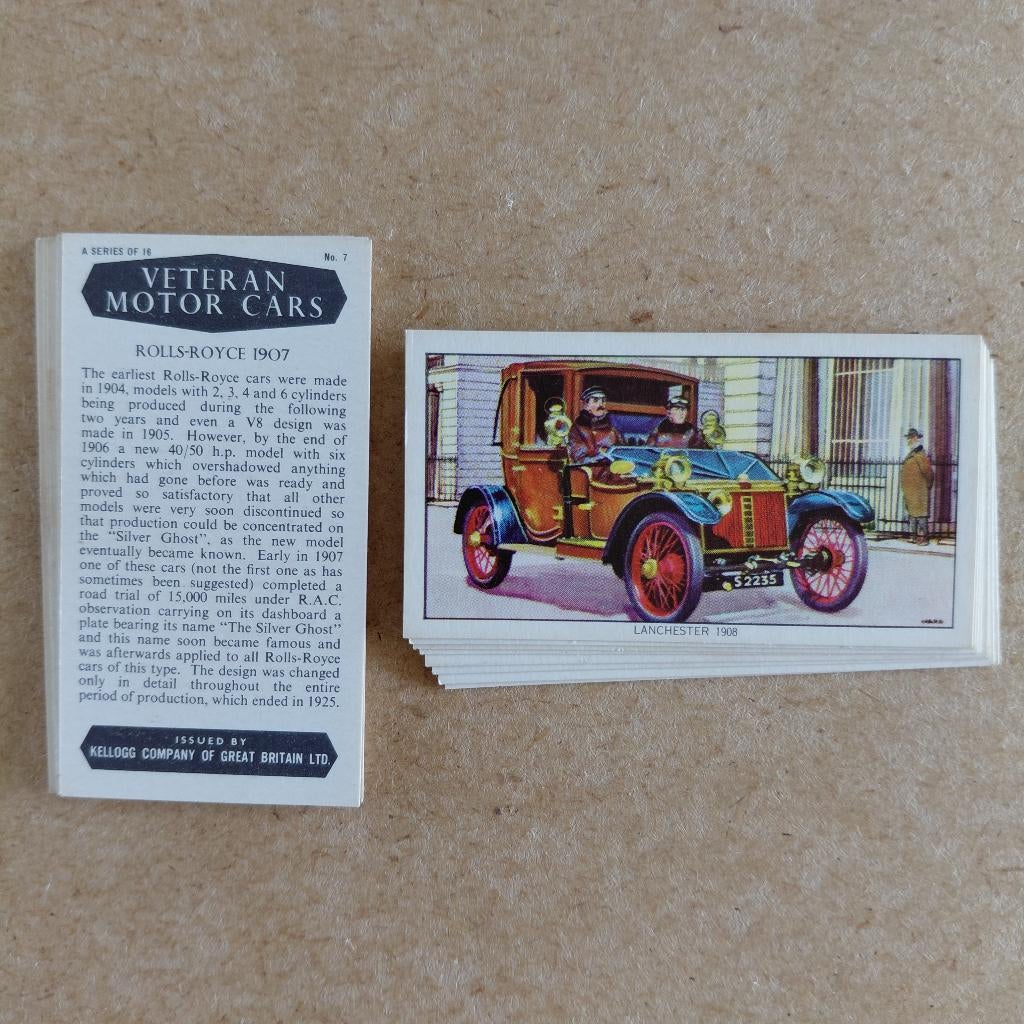 Veteran Motor Cars complete set 16 trade cards Kellogg 1962, Ophalen, Auto's