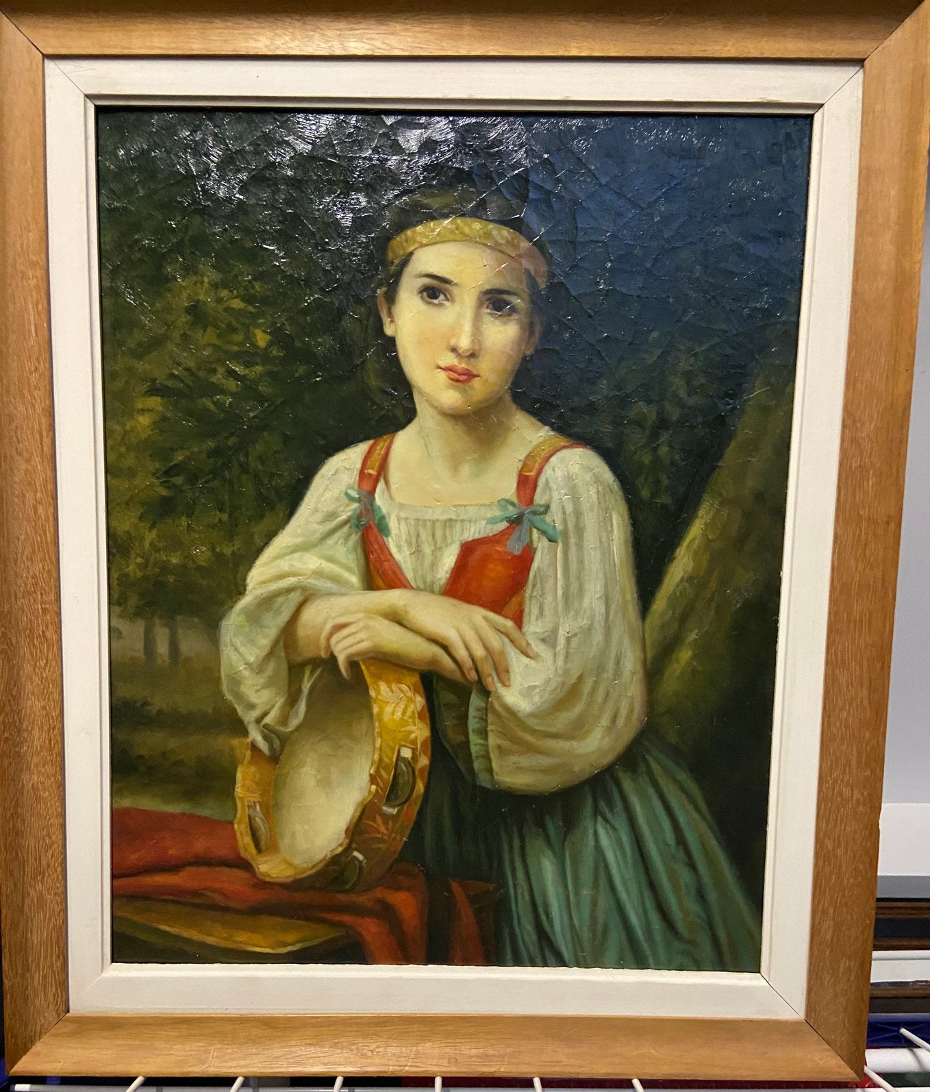 Meisje met tamboerijn., Antiek en Kunst, Paneel, Portret of Personen, Impressionistisch, Ophalen of Verzenden