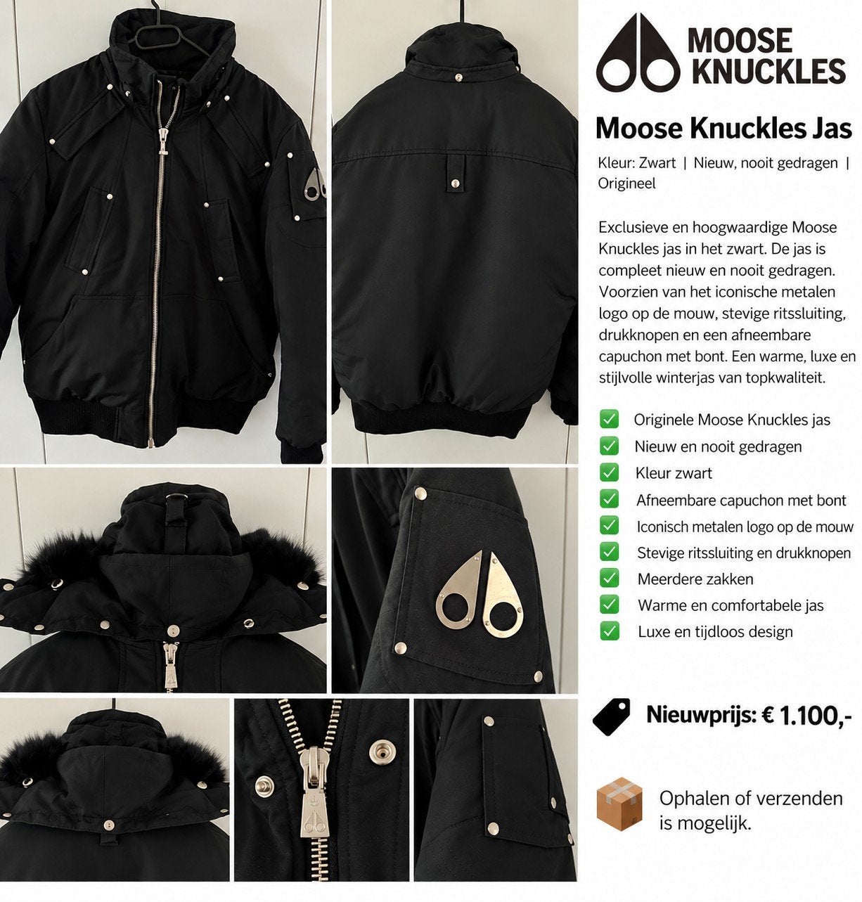 Moose Knuckles Jas Zwart -  Origineel, Kleding | Heren, Maat 52/54 (L), Zwart, Ophalen of Verzenden, Gedragen