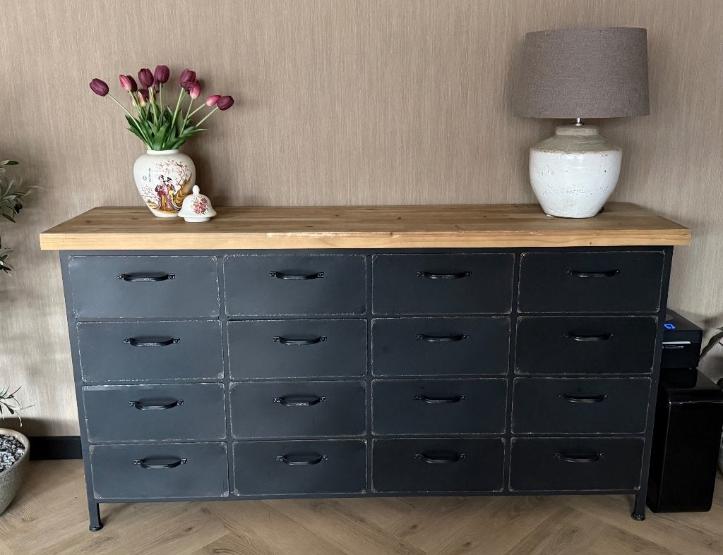 Industrieel Rootsmann Dressoir – Ladekast met 16 lades, Huis en Inrichting, Kasten | Ladekasten, Ophalen, Grenenhout, 5 laden of meer