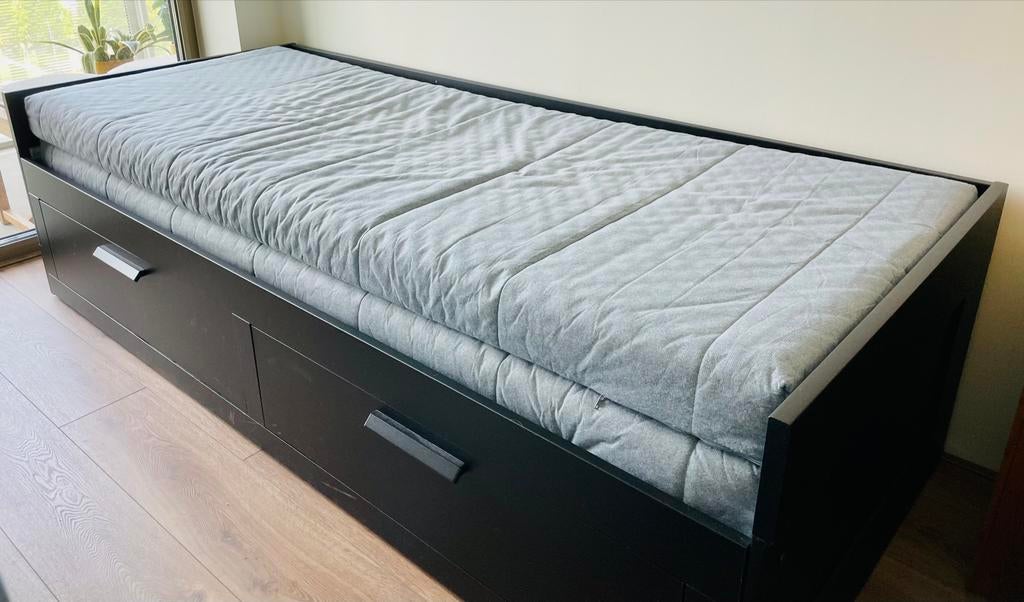 IKEA BRIMNES Zwart bed met lades en matras - 80x200 cm, Ophalen, 90 cm, Zwart, Tweepersoons