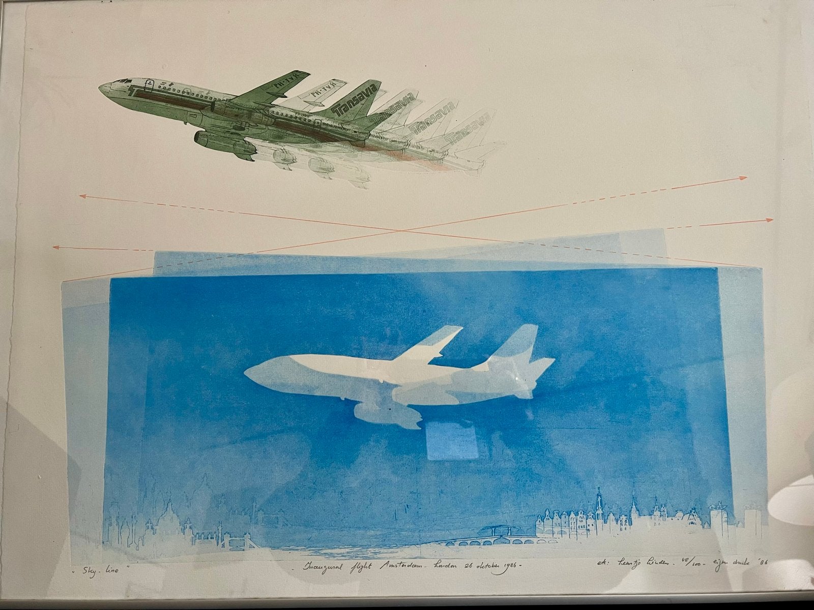 “Sky-line' Transavia - Leentje Linders (1986), Antiek en Kunst, Gesigneerd, Ophalen, Zeefdruk