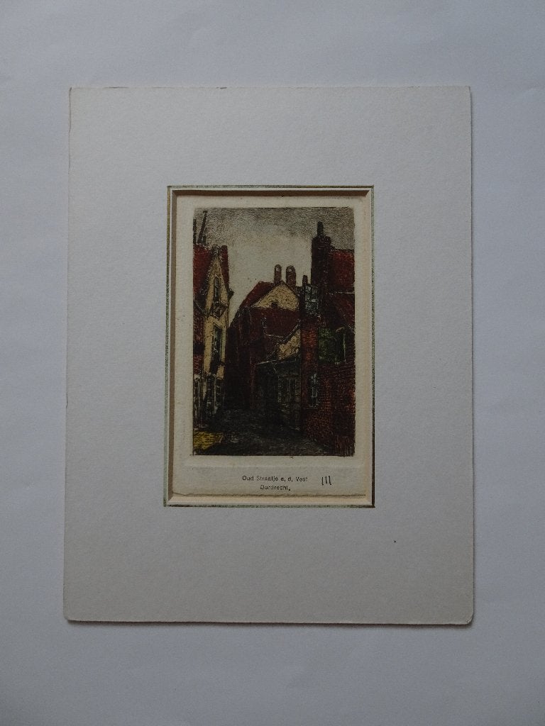 Kleurenets oud straatje Vest Dordrecht O.P. Matthes ca 1910, Antiek en Kunst, Kunst | Etsen en Gravures, Stadsgezicht, Origineel