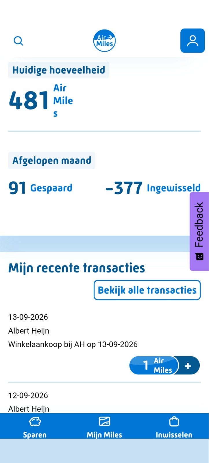 481 recente Airmiles punten 1 cent per airmiles, Verzenden