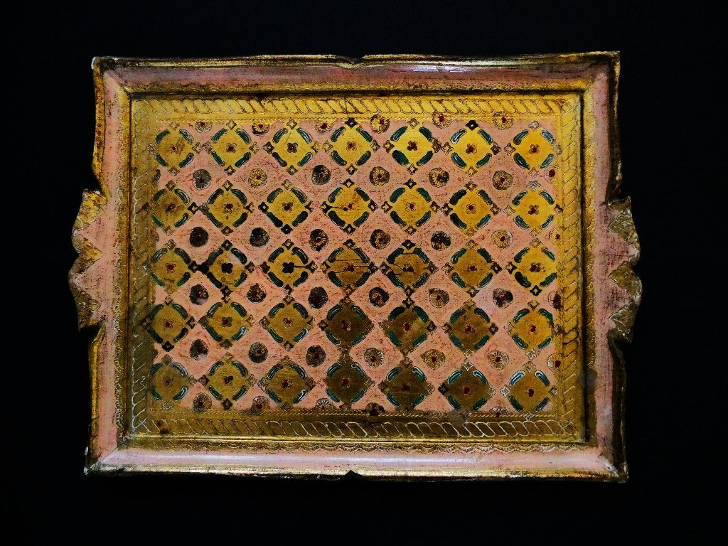 Italiaans houten dienblad kleur goud rood groen en oud roze, Antiek en Kunst, Curiosa en Brocante, Ophalen of Verzenden