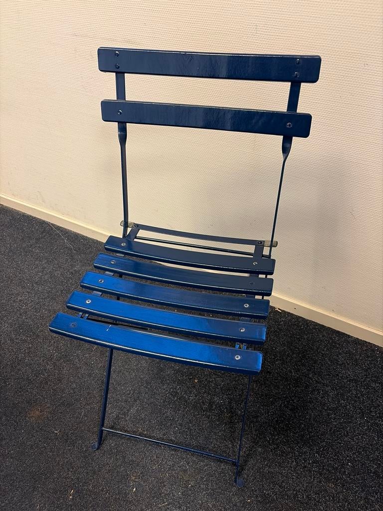Blauw metalen bistro stoeltje - Opvouwbaar, Ophalen, Gebruikt, Blauw, Metaal