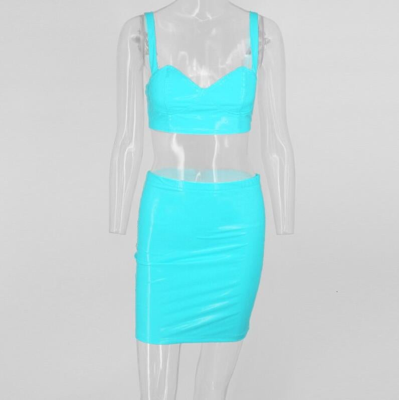 Blauwe lak leren rok en top setje leer glimmende sexy, Maat 38/40 (M), Nieuw, Boven de knie, Verzenden