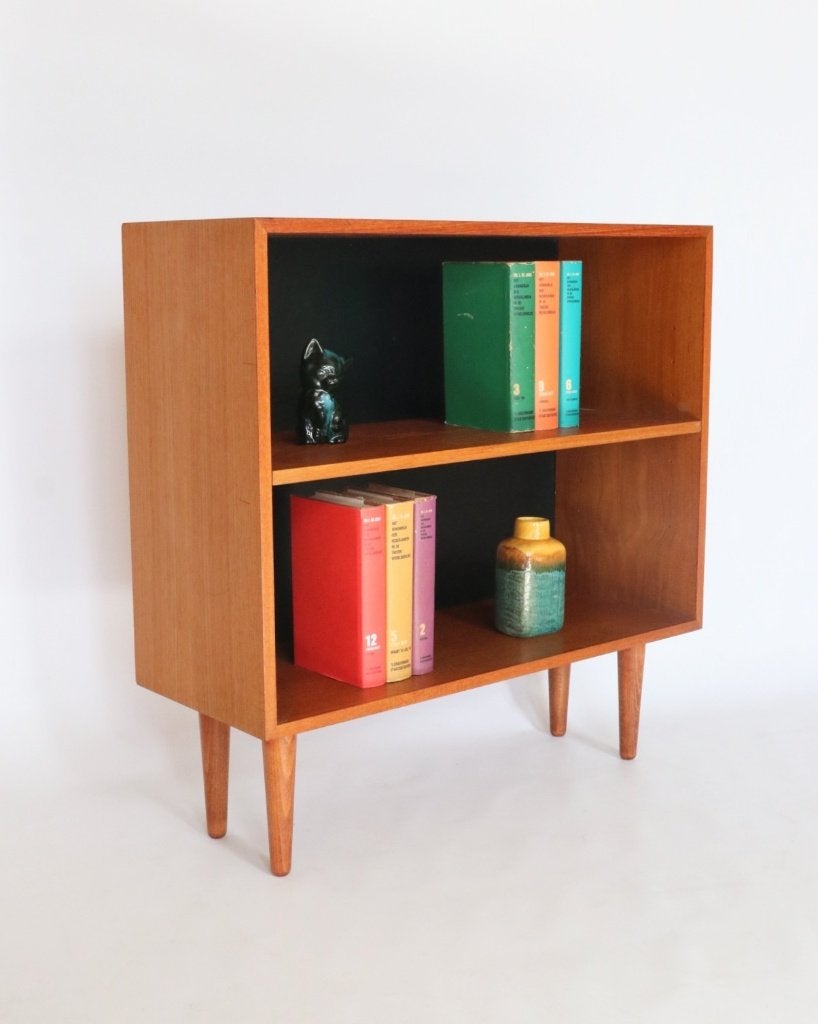 Vintage Deense kleine teak boekenkast, Met plank(en), Gebruikt, N.v.t., N.v.t.