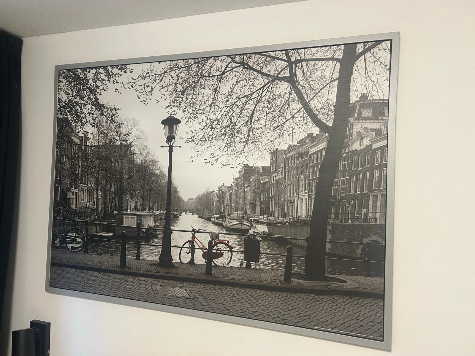 Groot schilderij van Amsterdamse gracht met fiets, Gebruikt, 125 cm of meer, Ophalen of Verzenden, Schilderij