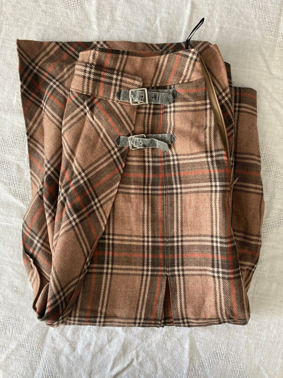 Bruin geruite midi rok met gespen - s/m, Maat 38/40 (M), Bruin, Ophalen of Verzenden, Zo goed als nieuw