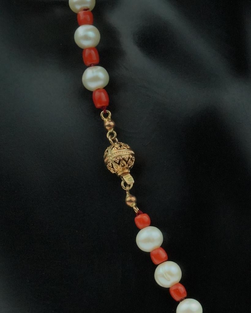 Bloedkoraal met parel ketting 14k slot goud en hanger retro, Verzenden, Goud, Ketting, Met edelsteen
