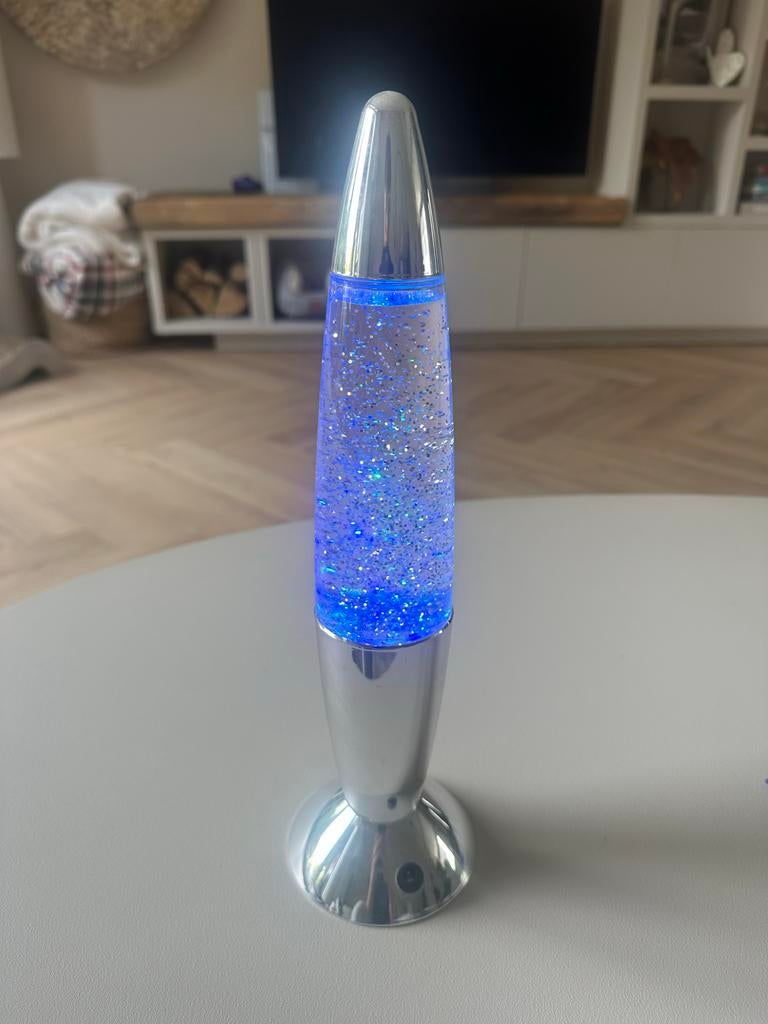Glitter Lava Lamp - Blauw met Zilveren Voet, Ophalen of Verzenden