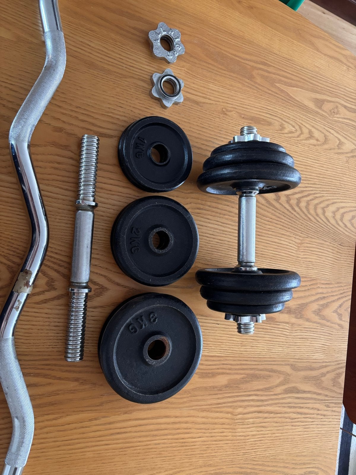 Dumbbell en halterset met diverse gewichten, Ophalen, Gebruikt, Armen, Dumbbell