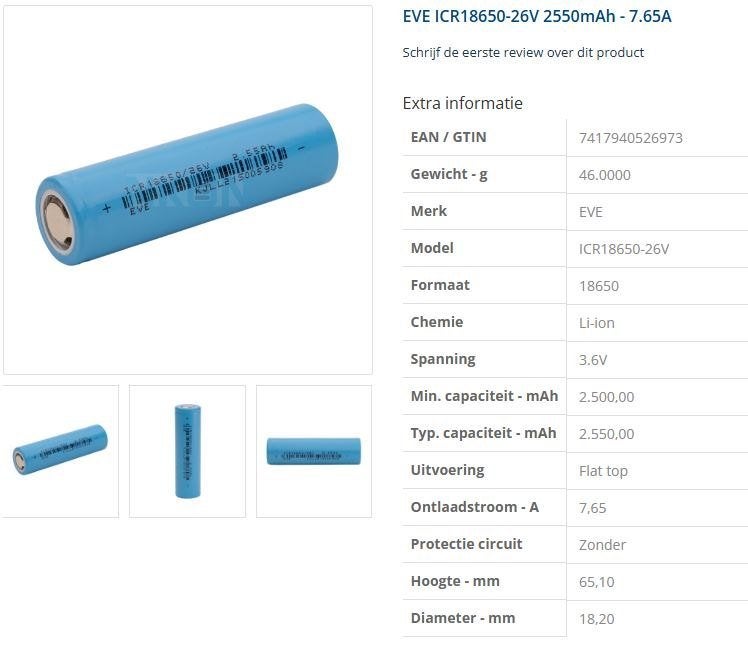 EVE 18650 2600, Ophalen of Verzenden, Refurbished, Oplaadbaar