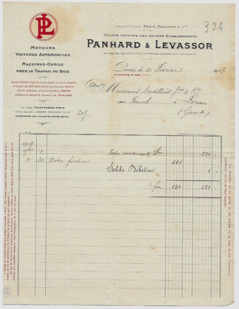 Panhard et Levassor factuur rekening 1917 auto oldtimer, Verzenden, Zo goed als nieuw, Overige merken