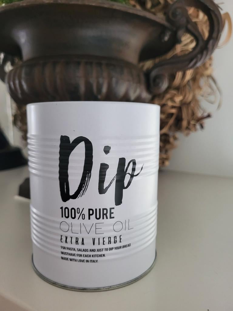 Decoratieve 'Dip' olijfolie blik - Leeg, Ophalen of Verzenden, Zo goed als nieuw, Voorraadpot, Metaal