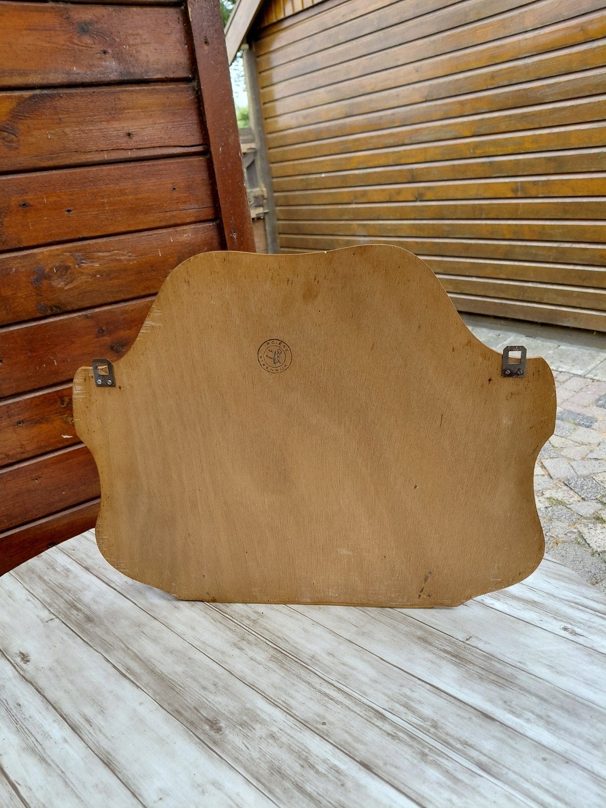 Vintage houten spiegel met lade en borstels, Ophalen, Overige vormen, 50 tot 100 cm, Minder dan 100 cm
