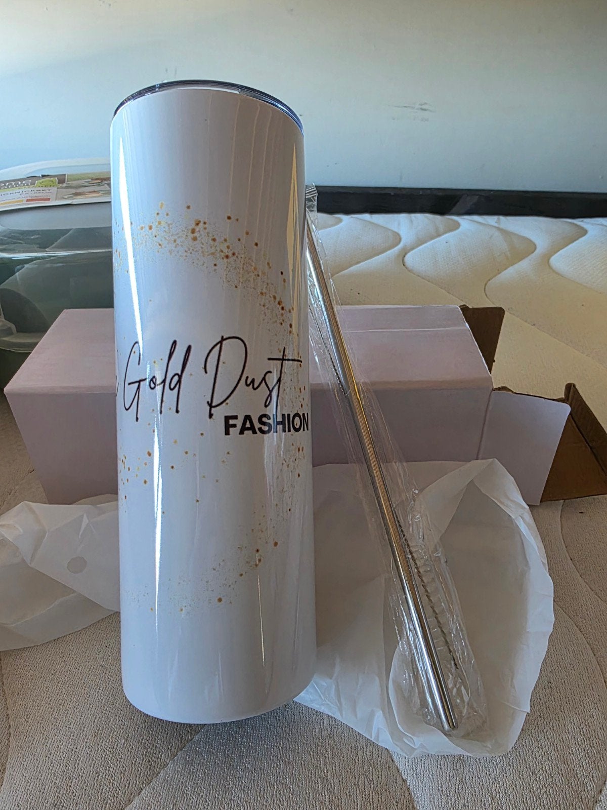Nieuwe Gold Dust Tumbler met rietje en borsteltje, Overige typen, Nieuw, Ophalen of Verzenden, Metaal
