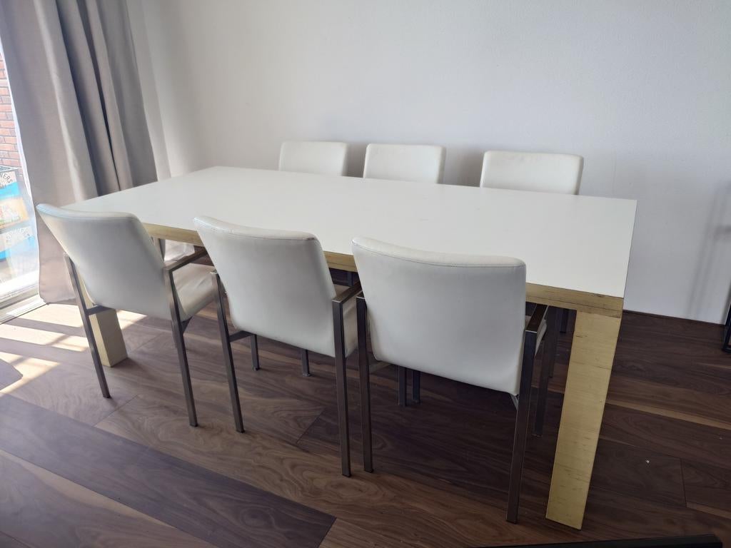 Grote tafel met 6 eetkamer stoelen,, Ophalen, Gebruikt, 200 cm of meer, 50 tot 100 cm