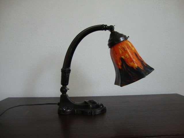 Oud brons bureau - notaris lampje met Art Nouveau kapje, Antiek en Kunst, Ophalen of Verzenden