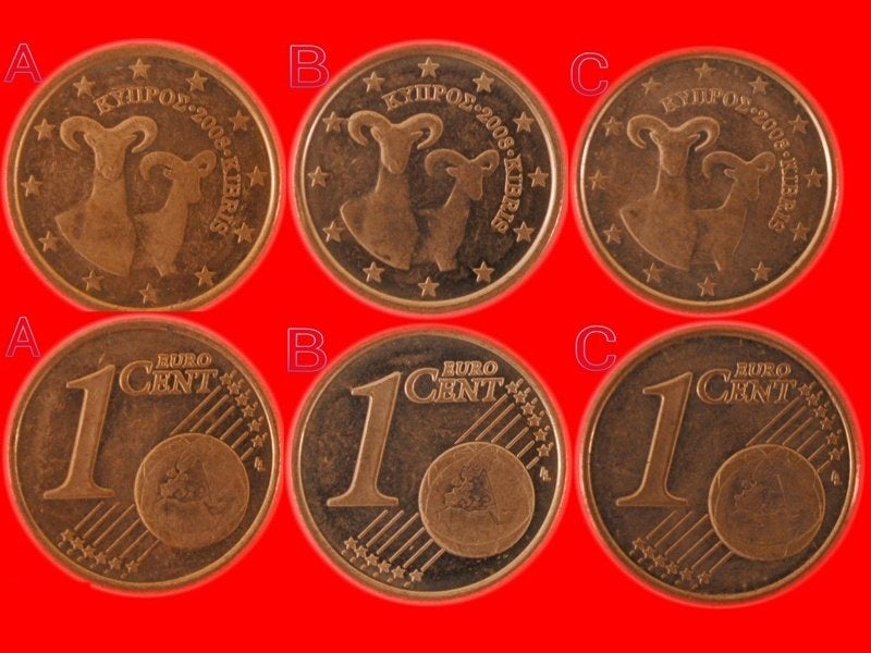 Ⰺ THREE VARIETIES FINLAND CYPRUS 1 CENT 2008 DIES A, B, C!, Postzegels en Munten, Munten | Europa | Euromunten, Ophalen of Verzenden