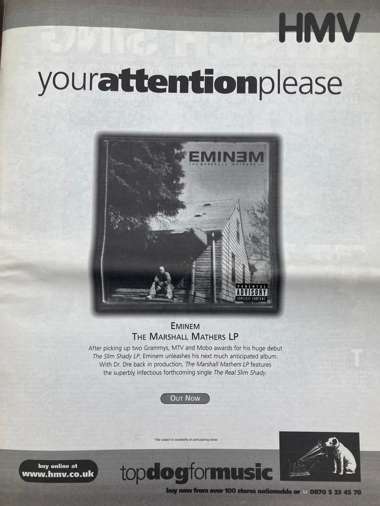 Paginagrote A3 advertentie EMINEM The Marshall Mathers rele, Ophalen of Verzenden, Zo goed als nieuw, A1 t/m A3
