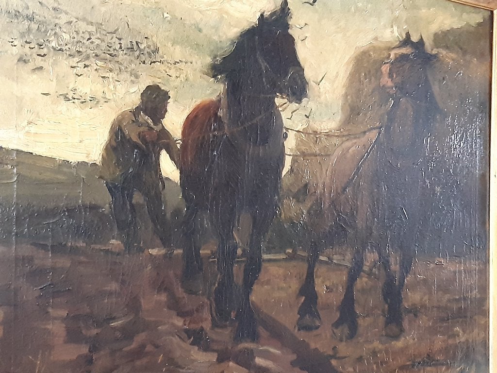 Schilderij Adriaan Herman Gouwe Ploegende boer met paarden., Ophalen, Nederlandse school, Doek, Landschap