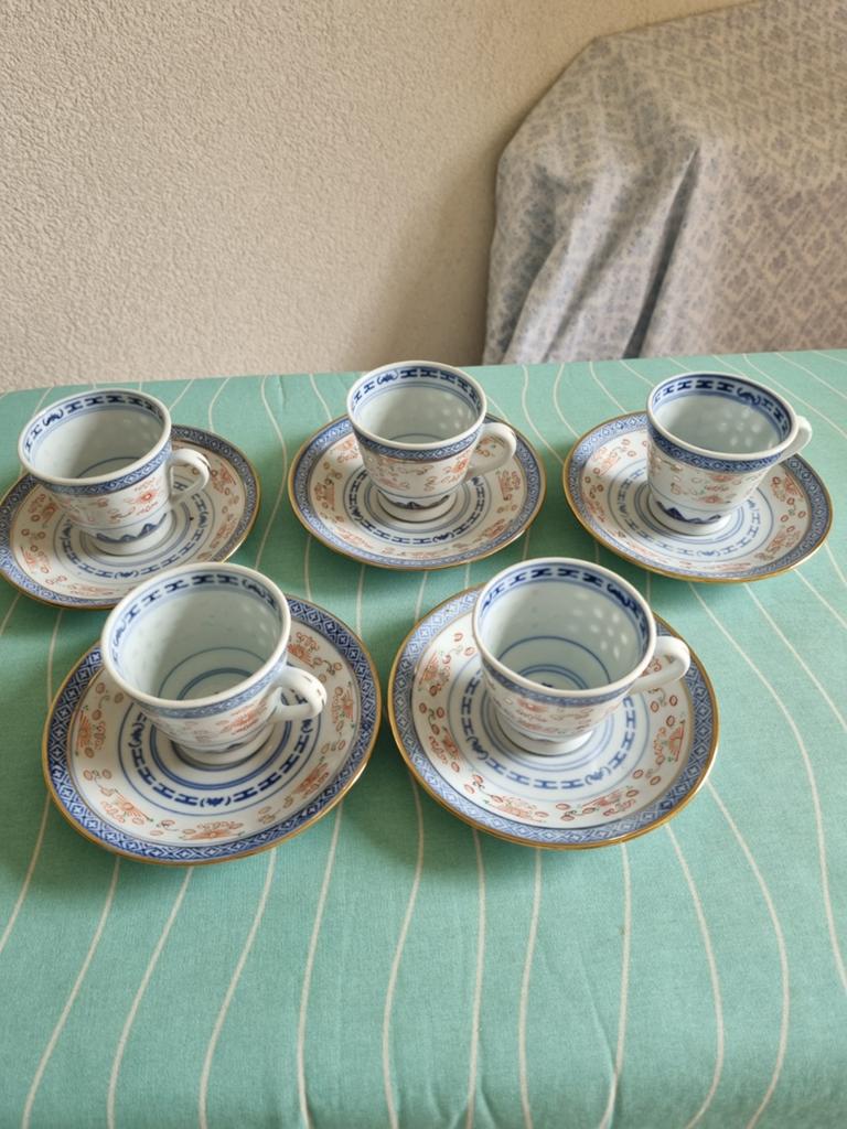 Set van 5 Chinese porseleinen theekopjes met schotels, Antiek en Kunst, Antiek | Servies los, Ophalen of Verzenden