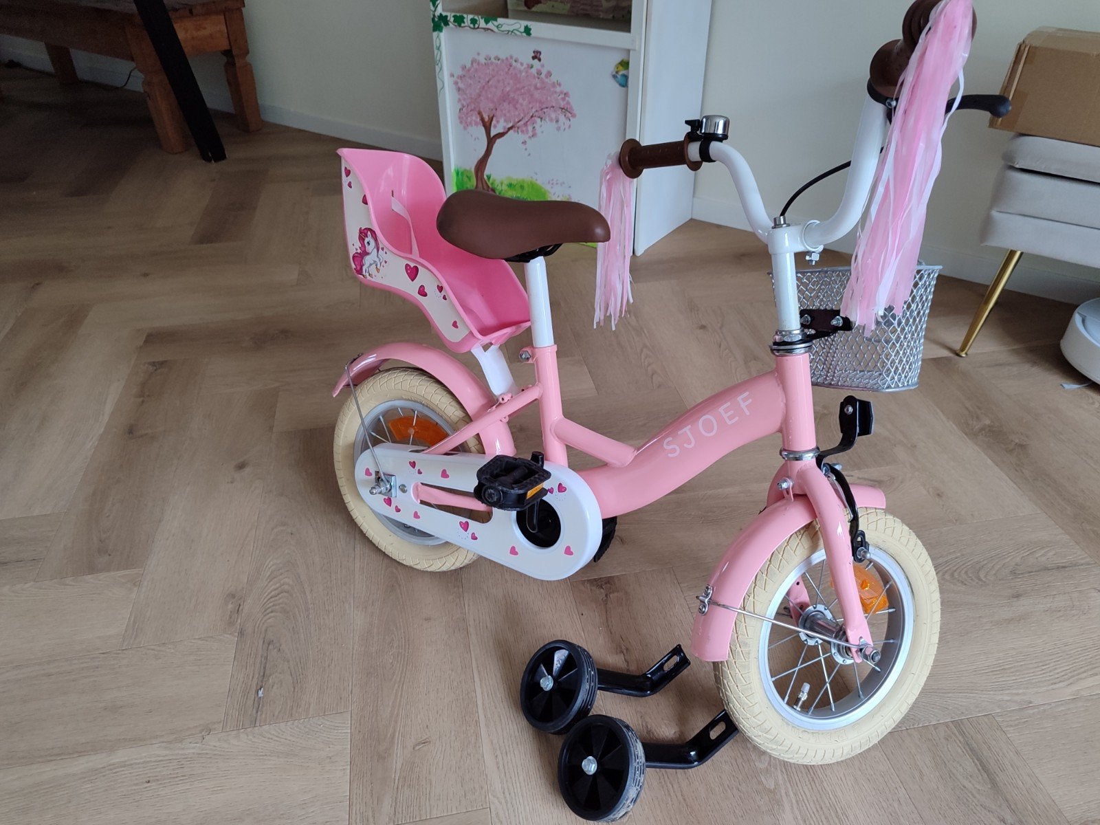SJOEF Kinderfiets Dolly 12 inch, Zijwieltjes en Poppenzitje, Ophalen, Terugtraprem, Zijwieltjes, Sjoef