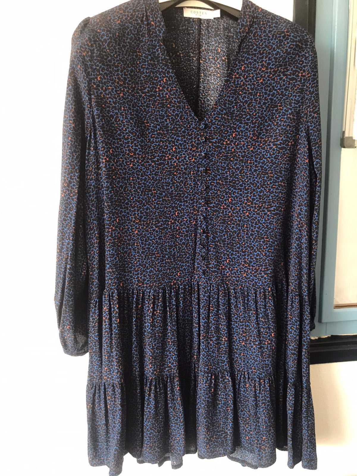 Z.g.a.n blauwe Costes Jurk met zwarte+bruine Prints maat M/L, Blauw, Zo goed als nieuw, Knielengte, Costes