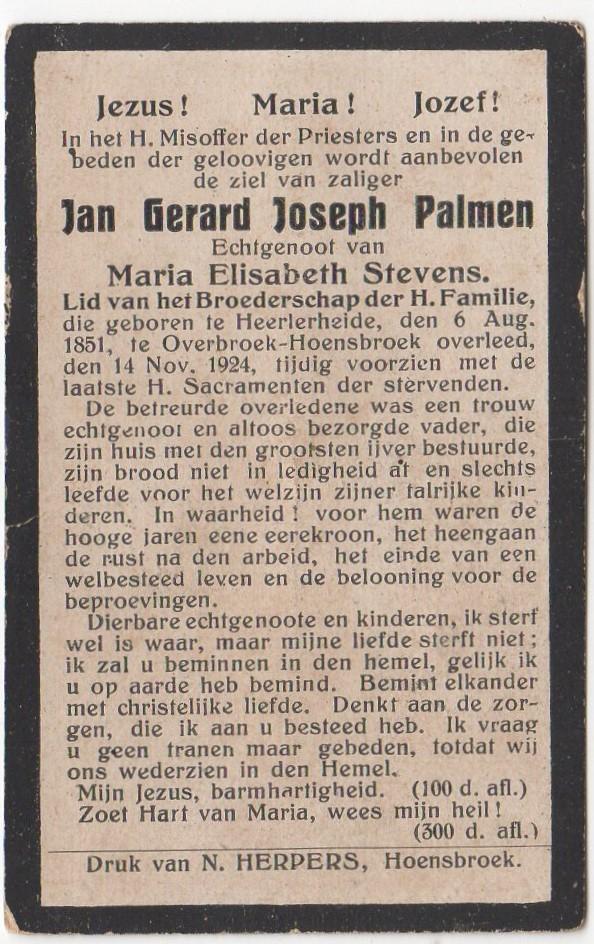 Jan G.J. Palmen 1851 Heerlerheide + 1924 Hoensbroek, 73 jr, Verzamelen, Verzenden