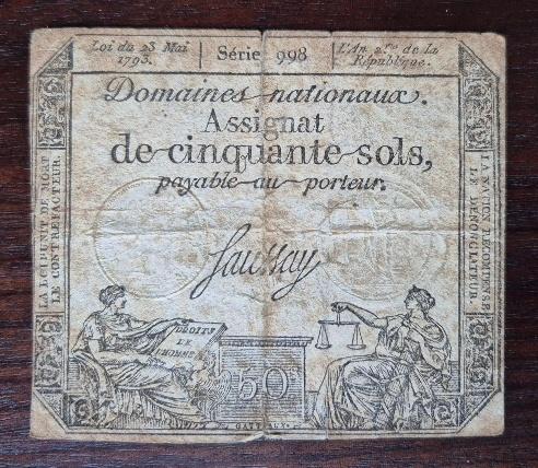 Franse revolutie origineel bankbiljet assignat 50 sols 1793, Voor 1940, Overige onderwerpen, Ophalen, Gelezen