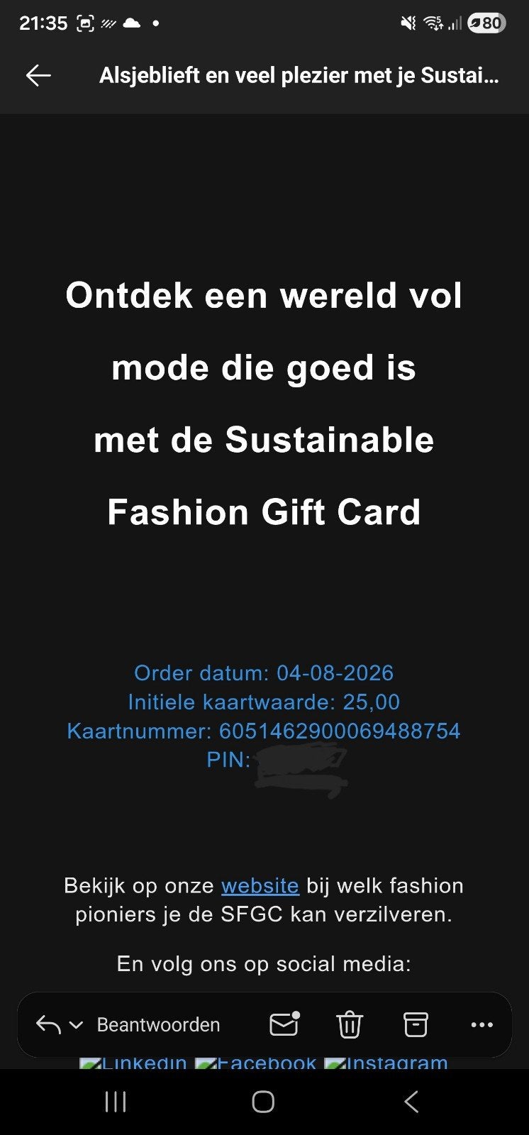 Sustainable Fasion gift Card 25 euro, Cadeaubon, Warenhuis- of Winkelbon