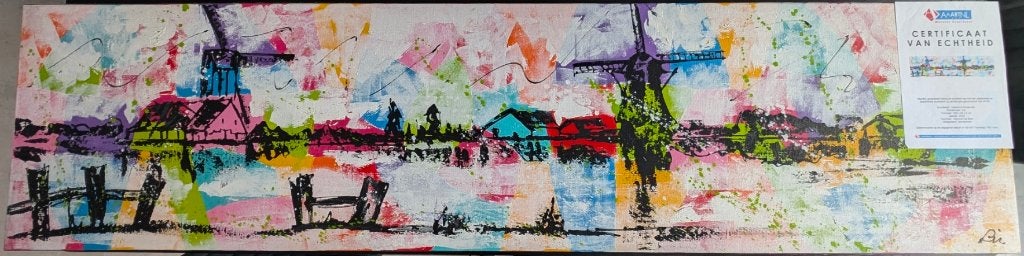 Modern schilderij "Molens in Kinderdijk" - Liz (200x50), Ophalen
