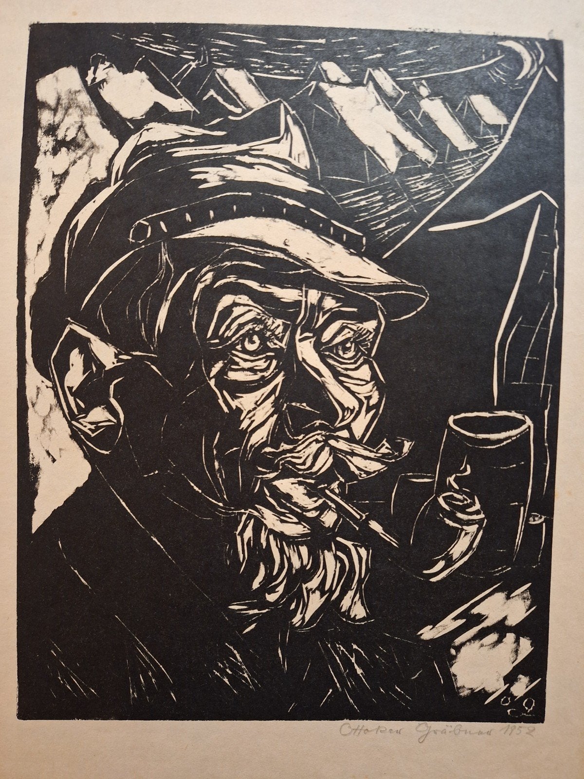 Houtsnede Ottokar Gräbner - Man met pijp en bergen (1952), 1950 - 1999, Portret, Ophalen of Verzenden, Houtsnede