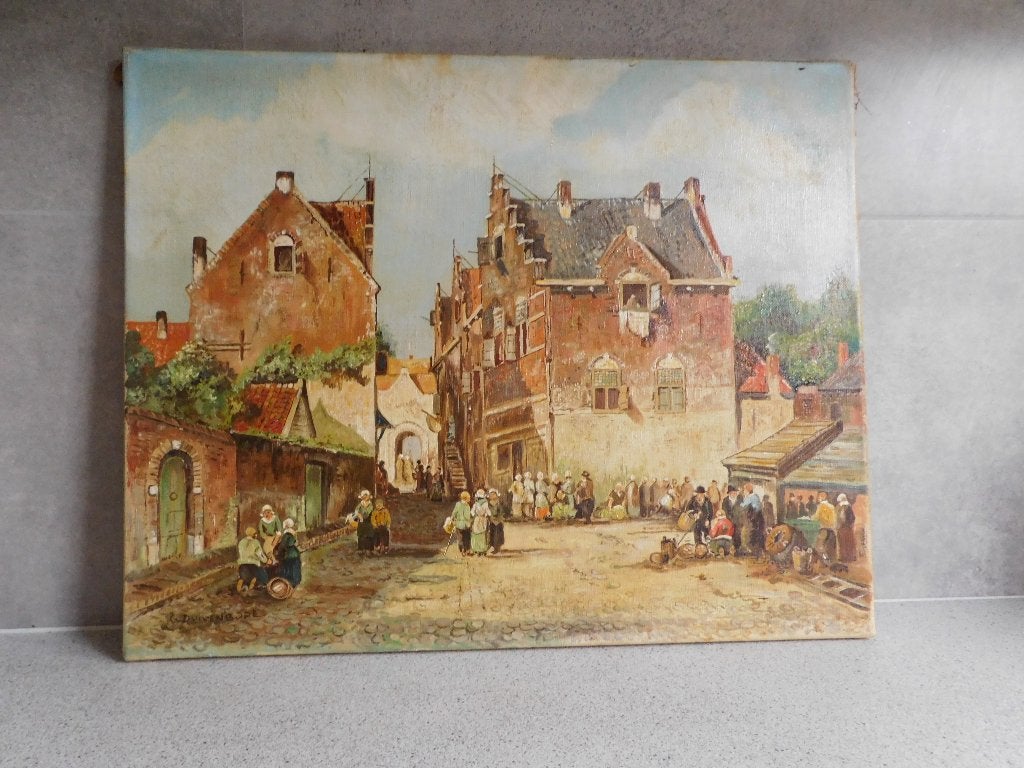 Schilderij Olieverf 40x50 cm. Marktdag C. v. Duivenbode, Doek, Realistisch, Ophalen of Verzenden, Olieverf