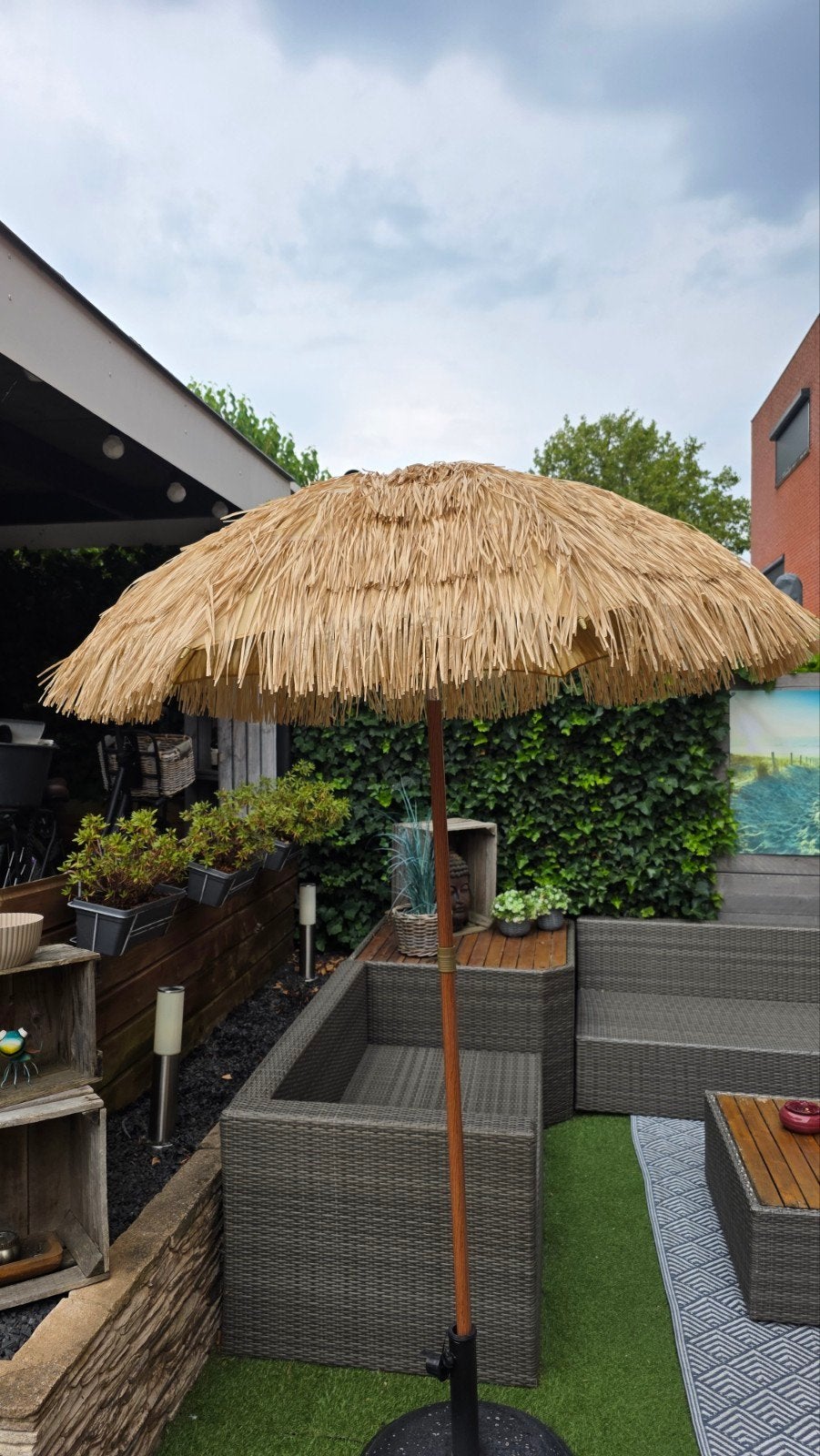 Tropische parasol met rietlook, Ophalen, Gebruikt, 1 tot 2 meter, Stokparasol
