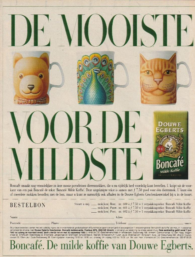Retro reclame 1993 Douwe Egberts koffie mok beker beer poes, Verzamelen, Verzenden, Overige typen