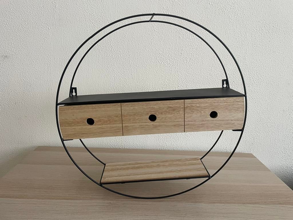 Rond wandrek met 3 lades zwart metaal houtlook, Ophalen, Zo goed als nieuw