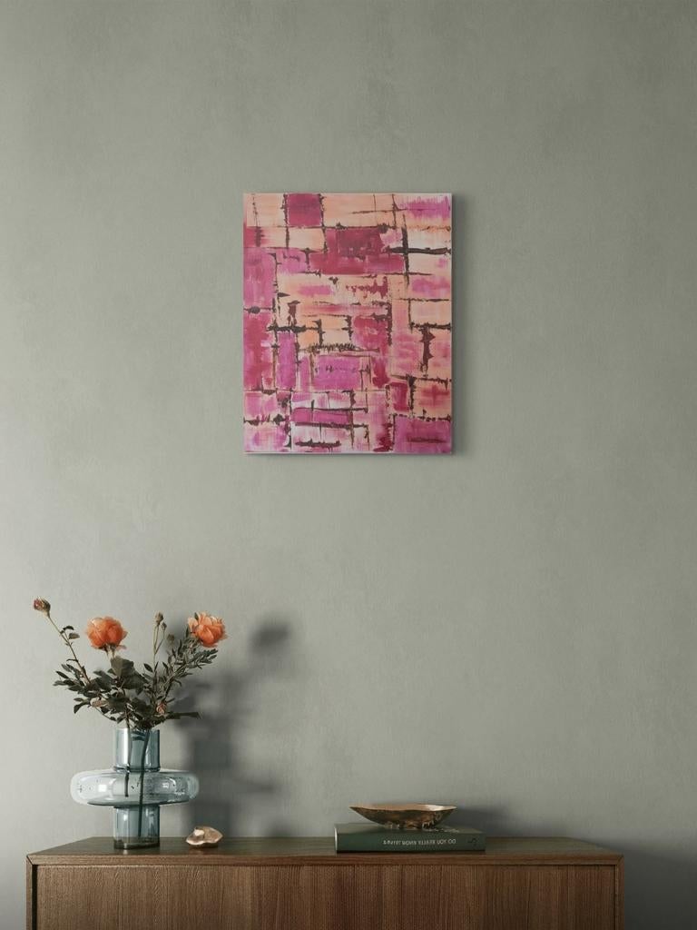 Abstract roze en oranje schilderij op canvas, Ophalen of Verzenden