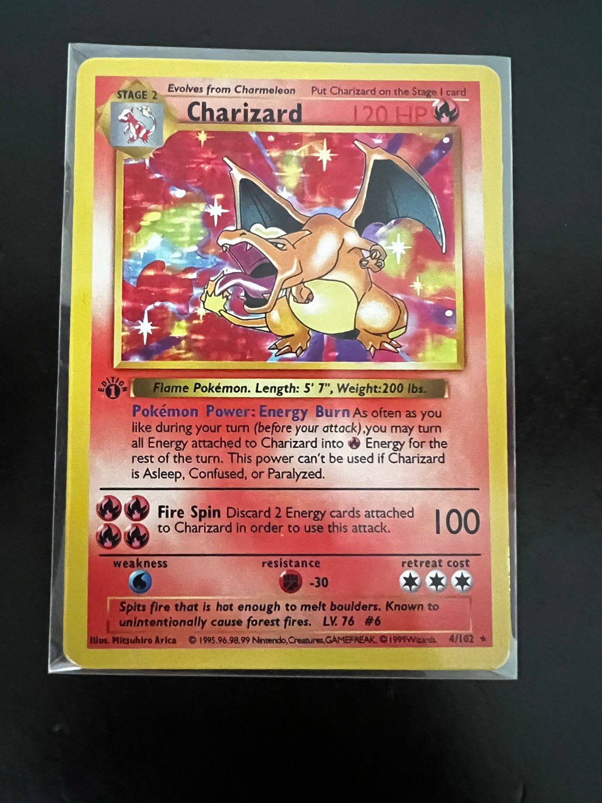 Pokémon Charizard 4/102 Holo Base Set 1st Edition, Ophalen of Verzenden, Gebruikt, Losse kaart, Foil