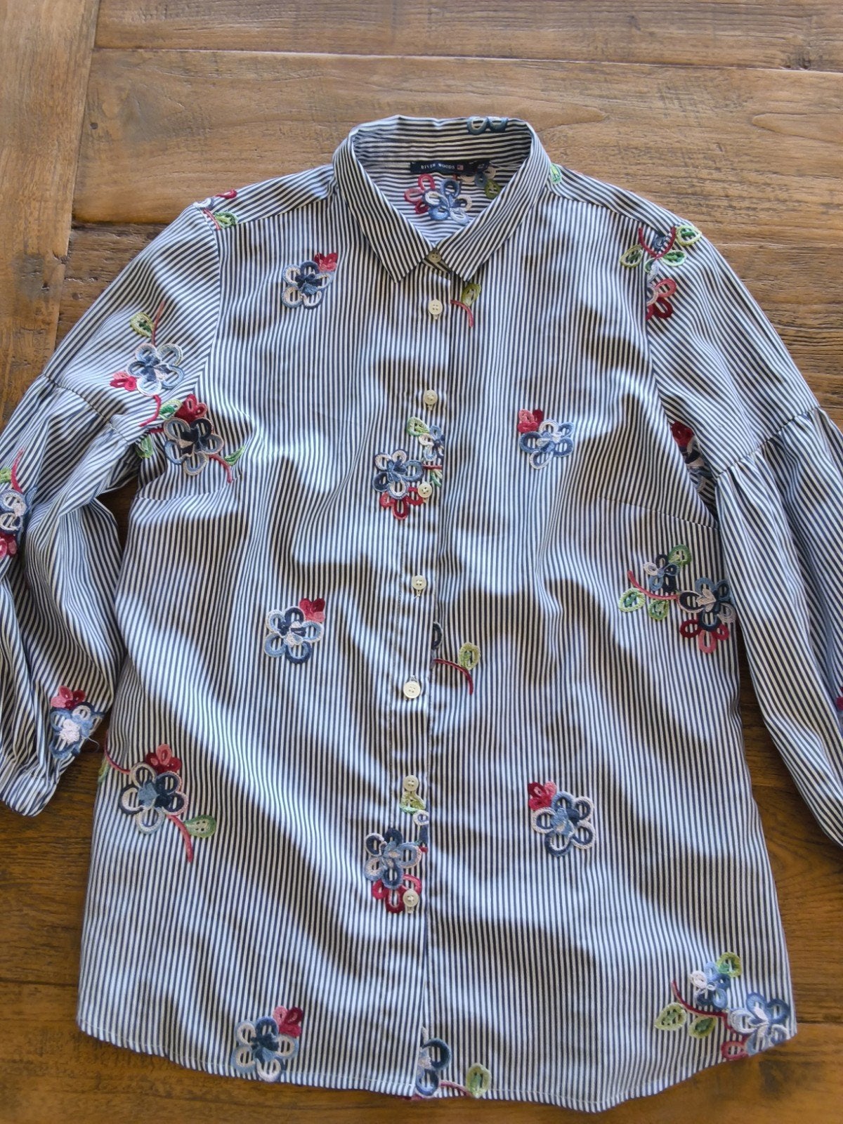 River Woods gestreepte blouse met bloemenborduursels, Maat 38/40 (M), Blauw, River Woods, Ophalen of Verzenden