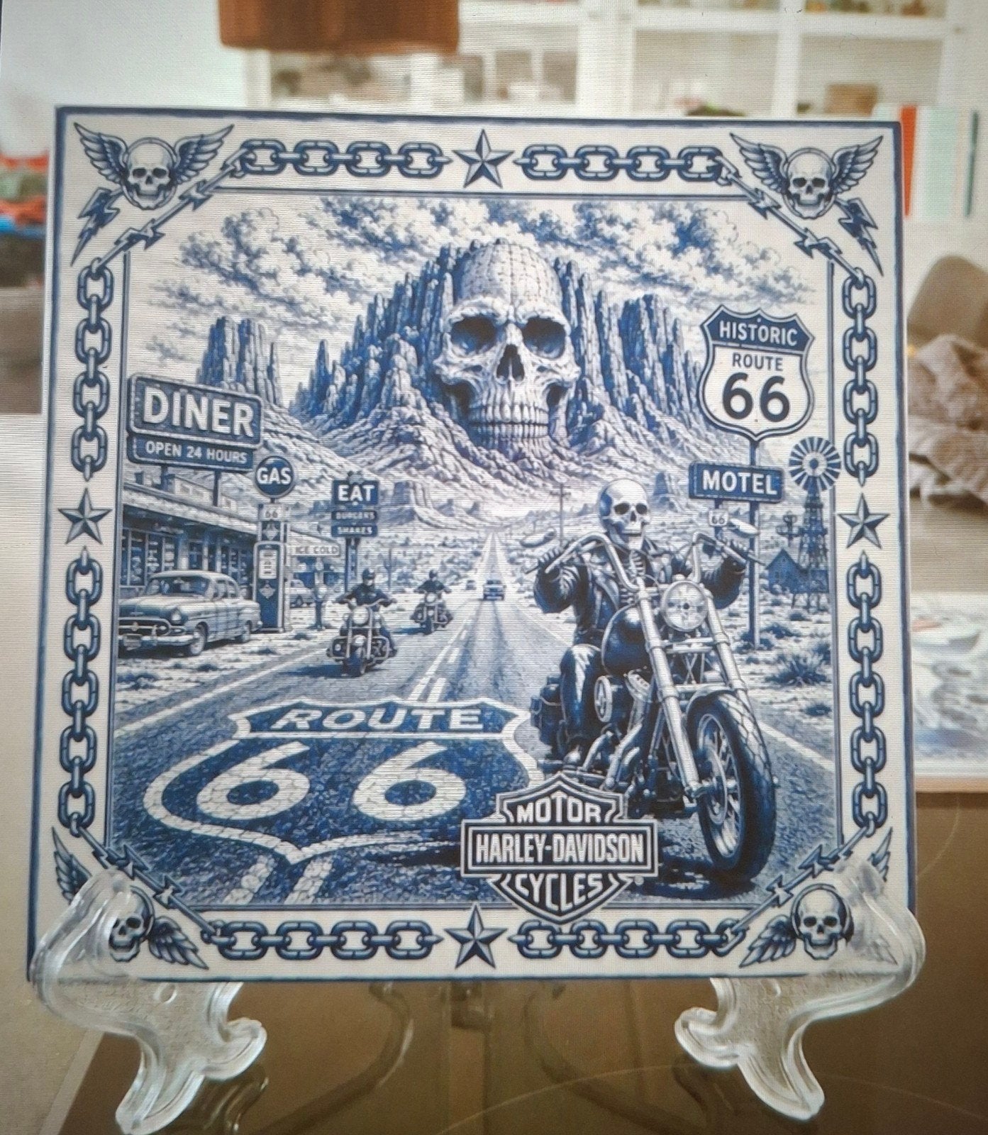Keramische decoratie tegel Route 66 Harley-Davidson 15x15cm, Ophalen of Verzenden